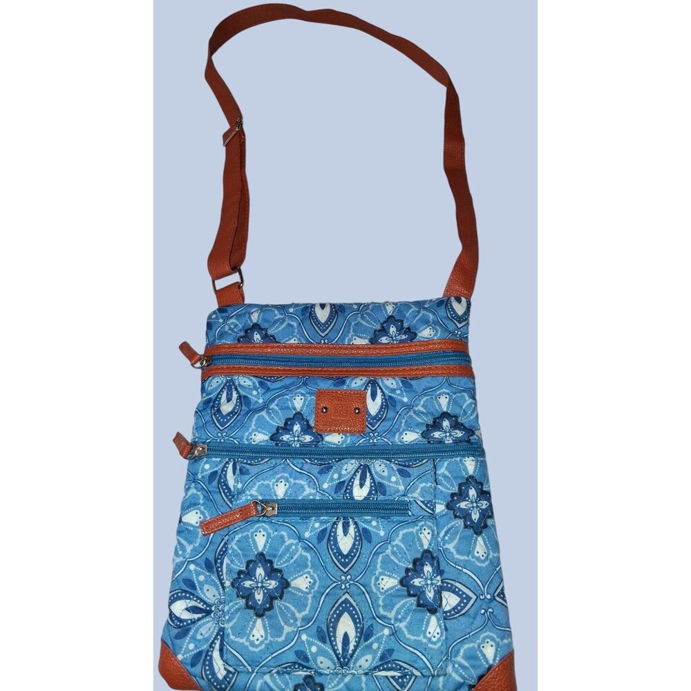 Lion Mountain Blue Floral Crossbody Bag Brown Strap  Multiple Zipper Pockets